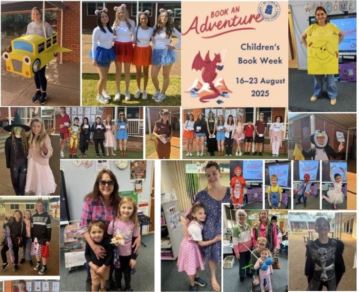 Multiple pictures of various students, parents and community membersfrom 2025 Book Week celebrations